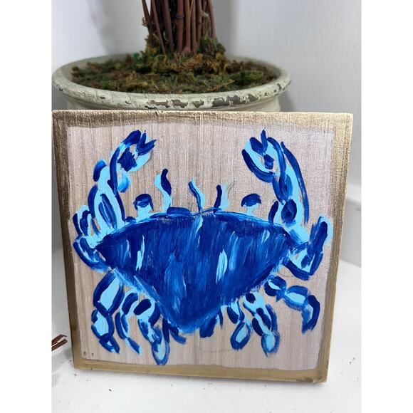 Lilly Inspired Crab Art Decor Blue Hand Painted Wall Art 5 x 5 Block Preppy - Picture 1 of 10
